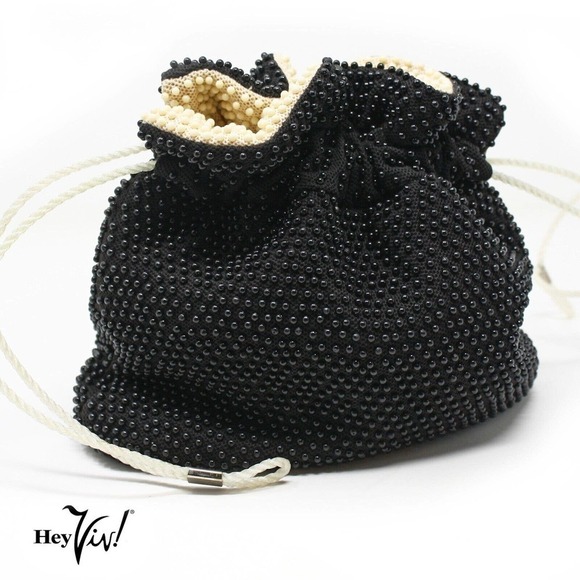 Vintage Reversible Black Ivory Beaded Purse Lee British Hong Kong - Hey Viv - Picture 2 of 7